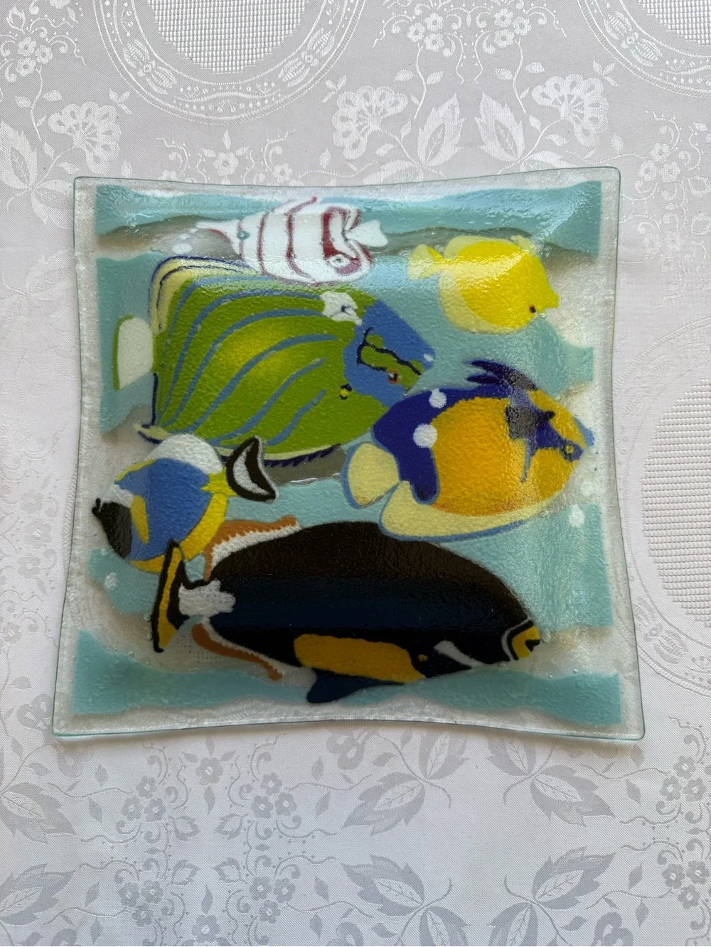 Peggy Karr Fused 12” Glass Multicolor Tropical Fish Decorative Art Plaque Bowl